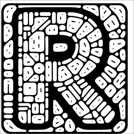 Una lettera "R" stilizzata è costruita da varie forme e figure astratte. Queste forme sono delineate, creando un intricato modello all'interno di una cornice quadrata. Il design è monocromatico, utilizzando solo il nero e il bianco per enfatizzare la sua audacia. Lo spazio negativo è utilizzato in modo intelligente per definire la lettera e i modelli circostanti.