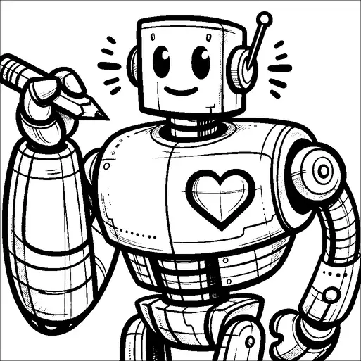 Un robot allegro con un grande simbolo di cuore sul petto tiene in mano una matita e sorride. Ha un'antenna sulla testa e braccia meccaniche. Il corpo del robot è dettagliato con pannelli e bulloni. Lo sfondo è semplice, mettendo in risalto l'espressione amichevole del robot.