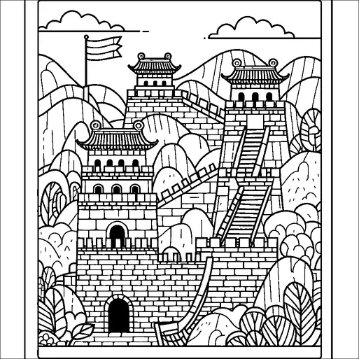 Una detallada ilustración muestra la Gran Muralla China serpenteando a través de un paisaje montañoso. Las torres de vigilancia con techos de arquitectura tradicional se alzan a lo largo de la muralla. Una bandera ondea desde una de las torres, y nubes estilizadas flotan en el cielo. La escena está enmarcada con exuberantes colinas ondulantes y vegetación abstracta.