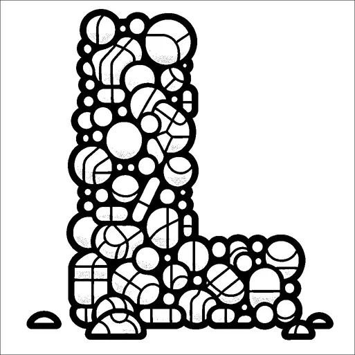 Una grande lettera "L" è costruita utilizzando un assortimento di varie pillole e compresse, creando un effetto mosaico. Le pillole variano in forma e dimensione, aggiungendo texture e dettaglio alla lettera. Ombre e luci aggiungono profondità alla composizione, dandole un aspetto tridimensionale.