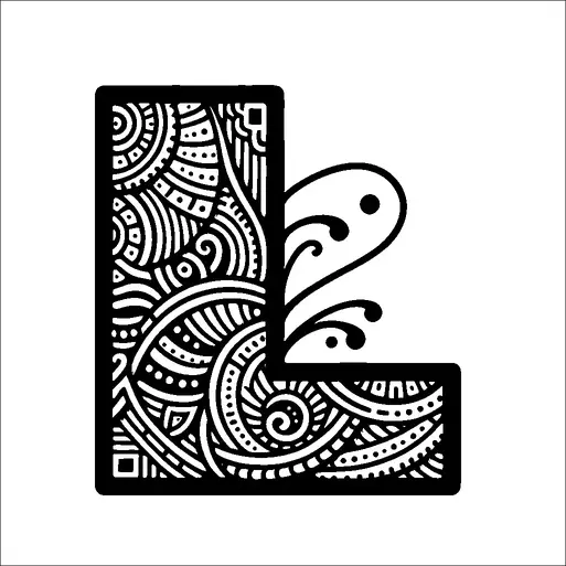 Esta imagen muestra la letra "L" llena de intrincados patrones geométricos y abstractos. El diseño incluye líneas en espiral, círculos y varias otras formas que crean una apariencia compleja y decorativa. Los patrones están dispuestos simétricamente dentro de la forma de la letra. La interacción de líneas y formas le da a la letra un aspecto dinámico y artístico.