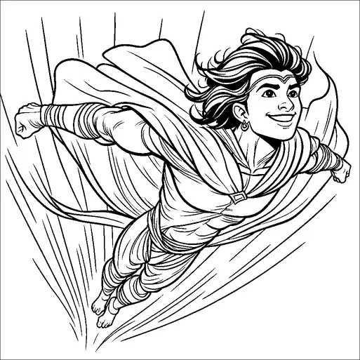 Un eroe con un'espressione gioiosa sta volando nel cielo. Indossa un mantello fluttuante e dinamico che gli sventola dietro. I suoi pugni sono stretti, indicando potere e determinazione. L'immagine cattura un senso di movimento e libertà.
