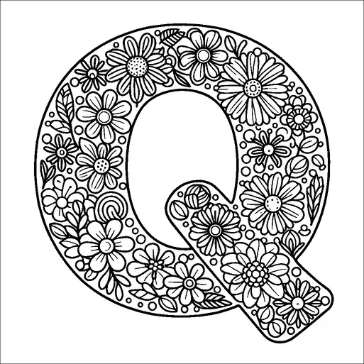 Una grande lettera "Q" è adornata con un intricato modello di fiori e foglie. Il design include varie dimensioni e tipi di fiori, creando una composizione visivamente piacevole. Piccoli punti e foglie riempiono gli spazi tra gli elementi floreali, aumentando l'intricatezza. L'effetto complessivo è decorativo e ornamentale.