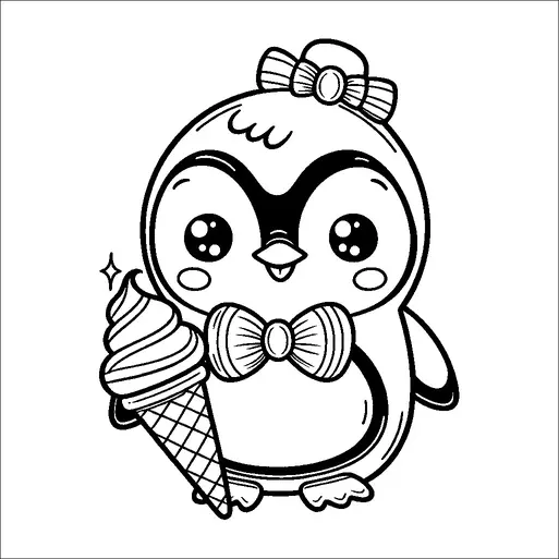 Un pingüino adorable lleva una pajarita y un lazo en la cabeza, y sostiene un cono de helado con una expresión feliz. El pingüino tiene ojos grandes con un efecto brillante, que añade a su apariencia adorable. Sus alas están pegadas a su lado, y hay un pequeño brillo junto al helado. El pingüino se ve alegre y listo para disfrutar del postre.