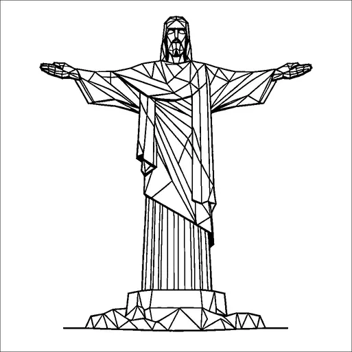 Una rappresentazione geometrica di una grande statua con le braccia distese si erge in modo prominente. La statua è composta da linee e forme angolari, che le conferiscono un aspetto sfaccettato. La figura indossa una tunica e ha un'espressione serena sul volto. Si erge su un piedistallo, suggerendo una scala monumentale.