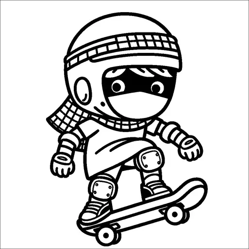 Un personaje de dibujos animados de ninja está haciendo skate mientras lleva equipo de protección, incluyendo un casco y rodilleras. El ninja está en plena acción, mostrando movimiento dinámico en el monopatín. El personaje tiene una bufanda fluyendo detrás, añadiendo a la sensación de velocidad. La cara está parcialmente cubierta con una máscara, típica de un ninja.