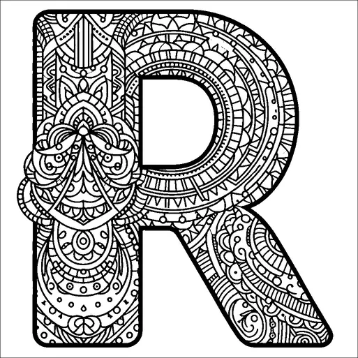 Una grande lettera "R" è decorata in modo intricato con ornati motivi e disegni simmetrici. I motivi consistono in varie forme geometriche, arabeschi e elementi floreali, che riempiono l'intera lettera. Il design complessivo crea una rappresentazione dettagliata e artistica della lettera. La complessità dei motivi aggiunge un elemento decorativo e accattivante all'immagine.