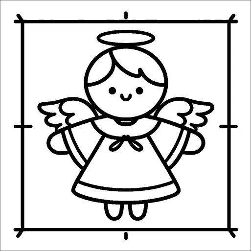 Se representa un lindo ángel sonriente con un halo, con las alas extendidas. El ángel lleva un vestido sencillo con un lazo en el cuello. El diseño minimalista enfatiza una apariencia amigable y alegre. Hay líneas guía alrededor del personaje del ángel que sugieren un diseño centrado.