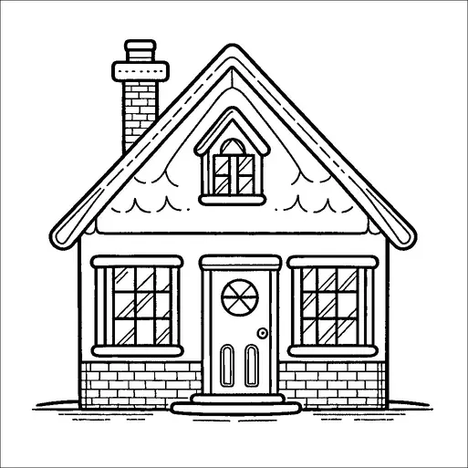 Una semplice casa è illustrata con un tetto triangolare, con un camino sul lato sinistro. La facciata ha due finestre su ciascun lato di una porta centrale, che è decorata con un disegno circolare. Le pareti hanno un motivo a mattoni nella parte inferiore e c'è un piccolo timpano sopra la porta. L'aspetto generale è ordinato e pittoresco.