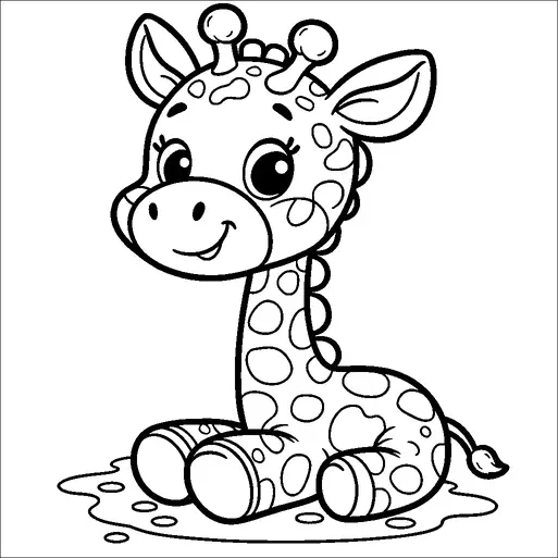 Una simpatica giraffa in stile cartone animato siede contenta con un'espressione allegra. Il suo corpo è coperto di macchie distintive e ha occhi amichevoli. La giraffa ha caratteristici ossiconi sulla testa e grandi orecchie espressive. La sua coda è piccola e si arrotola leggermente alla fine.