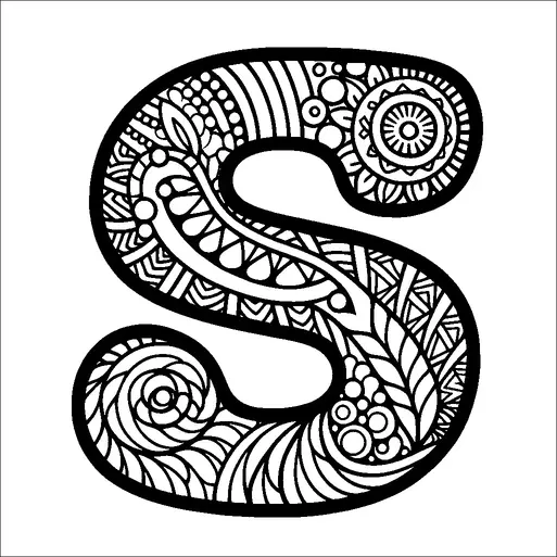 Una lettera "S" progettata in modo intricato, riempita con una varietà di modelli come spirali, foglie, cerchi e forme geometriche. I modelli sono dettagliati e densamente impacchettati all'interno del contorno audace della lettera, creando un aspetto ricco e ornamentale. Il design trasmette un senso di creatività ed espressione artistica attraverso i suoi diversi motivi. L'aspetto generale è audace e decorativo, con ogni modello che contribuisce alla complessità visiva.