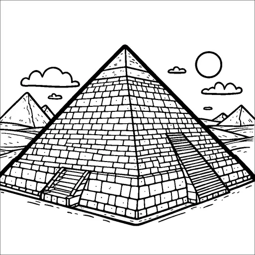 Una gran pirámide se destaca prominentemente en el centro de la escena, construida con grandes bloques y flanqueada por dos escaleras en un lado. En el fondo, otras pirámides son visibles bajo un cielo despejado con algunas nubes y un sol brillante. El paisaje alrededor es plano y abierto, sugiriendo un entorno desértico. La escena captura la arquitectura monumental y la vastedad del entorno.