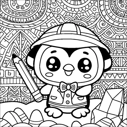 Un carino pinguino che indossa un papillon e un cappello tiene in mano una grande matita. Il pinguino si trova in mezzo a grandi cristalli e uova assortite, suggerendo un ambiente fantastico o giocoso. Lo sfondo è riempito con intricati modelli simmetrici che ricordano disegni tradizionali o astratti. Questo conferisce alla scena un'atmosfera ricca e strutturata.