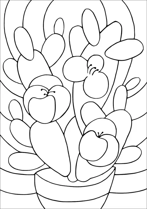 丸いパッドのある鉢植えのサボテンが簡略化された形で描かれています。サボテンにはいくつかの花と先端が尖った大きなパッドが含まれています。背景の曲線は動きを感じさせ、サンバーストパターンを思わせます。鉢の底部にはストライプデザインが施されています。