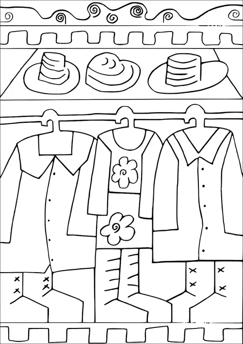 ラックには3枚のシャツが掛けられており、その上の棚には帽子が展示されています。シャツには、ボタンアップスタイルのものが2枚と花柄のものが1枚含まれています。各シャツはシンプルなパンツとブーツと組み合わせられています。帽子は形が異なり、展示に多様性を加えています。