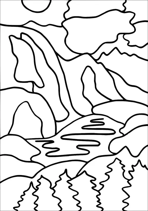 穏やかな風景が、流れ落ちる滝が静かな湖に注ぐ山脈を見せています。ふわふわとした雲が空を点在し、針葉樹の密林が前景を埋め尽くしています。この風景は、水、山、森という調和のとれたブレンドを捉えています。それは平和で自然な雰囲気を伝えています。