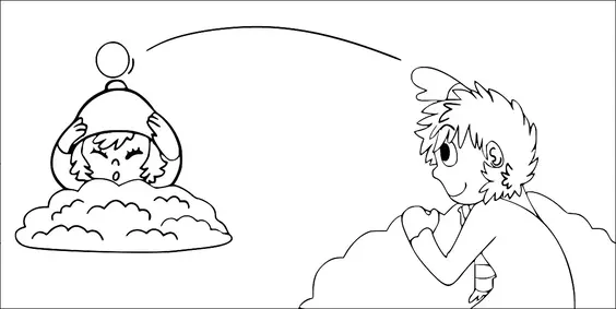 2人の子供が楽しそうに雪合戦をしています。一人の子供は雪の壁の後ろに隠れて、嬉しそうに雪玉を投げています。もう一人の子供は驚いて、帽子で自分を守っています。二人の周りには雪が積もっています。