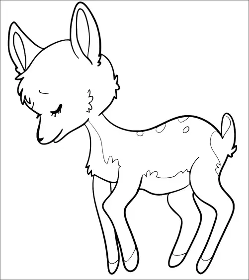優しい表情と閉じた目を持つ子鹿が描かれています。子鹿の背中には小さな斑点があり、細い脚で立っています。耳はピンと立っており、尾は少し巻いています。全体的なポーズは落ち着いた、穏やかな雰囲気を示しています。