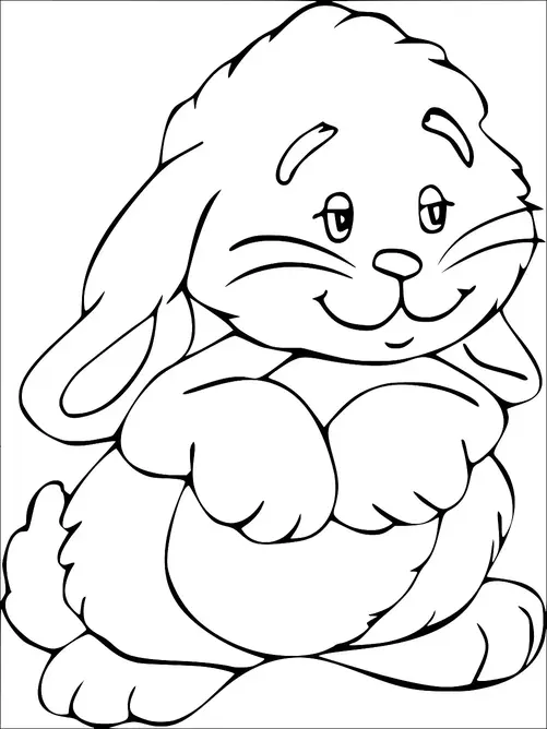 にっこり笑う漫画のウサギが、耳を両側に垂らしてまっすぐに座っています。ウサギは丸みを帯びた体を持ち、顔には優しい表情が浮かんでいます。その前足は胸の前できゅっと握られています。