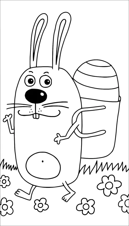 大きな目と丸い鼻を持つ漫画のウサギが直立し、背中にストライプ模様のかごを運んでいます。ウサギは草といくつかの散らばった花に囲まれています。遊び心のある表情をしており、前を向いて歩いているように見えます。設定はシンプルで屋外です。