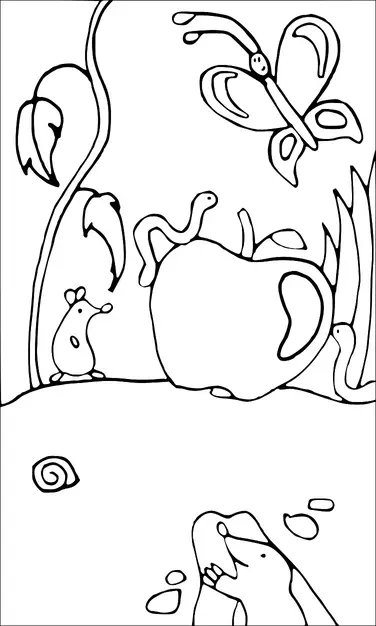 蝶がリンゴの上を舞い、そのリンゴからはミミズが顔を出しています。その様子をネズミが見つめています。背の高い草と葉がその場面を囲み、別のミミズが地面から出てきています。カタツムリが近くで休んでおり、モグラが地面の下で掘っている様子が見えます。このイメージは、さまざまな小さな生き物たちが自分たちの環境と関わり合う、活気あふれる庭の風景を作り出しています。