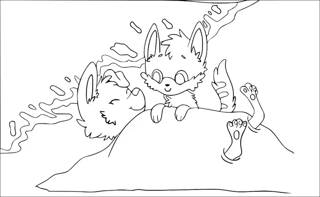 丘の上で楽しそうに遊ぶ二匹の漫画風のキツネが描かれています。一匹のキツネは背中を地面につけて寝転がっており、もう一匹は楽しそうな表情で見下ろしています。彼らを取り囲むように飾り付けられた波や飛沫のような要素が描かれています。両方とも大きな耳とふわふわの尾を持っています。