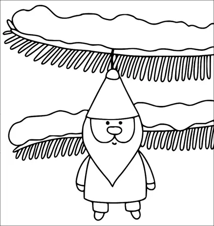 尖った帽子とひげを持つノームが、雪に覆われた枝の下に立っています。その枝は松の木の一部で、針葉が見えます。ノームの顔の特徴には鼻と目があり、シンプルな服装を着ています。雪が枝の上に積もっており、冬の設定を示唆しています。