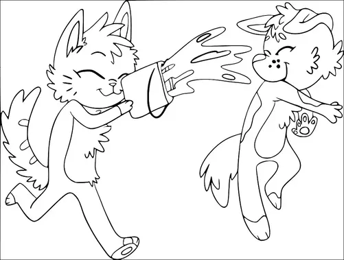 2つの遊び心あふれる動物キャラクターが、陽気な水遊びで戯れています。一方のキャラクターは、バケツから水をもう一方に陽気に投げています。両方の動物は笑顔で楽しい瞬間を楽しんでいるように見えます。このシーンは喜びと楽しさを伝えています。