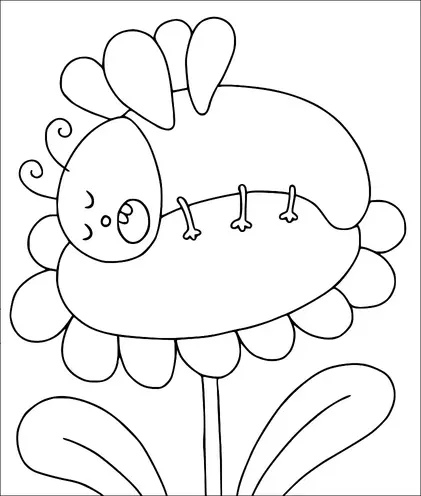 巻き毛の触覚を持つミツバチが大きな花の上で平和に眠っています。その花は多数の花弁を持ち、2枚の葉を持つ茎に支えられています。ミツバチの羽は折りたたまれ、満足そうに見えます。周囲の要素は静かな庭の風景を示しています。