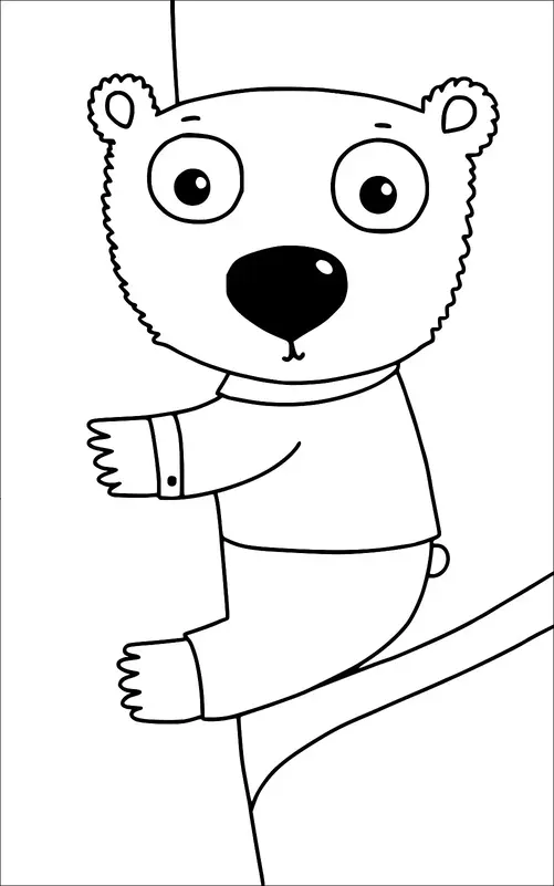 漫画のクマが垂直のポールや枝にしがみついています。クマは丸い顔、大きな目、大きな鼻を持っています。その腕と足は支えのためにポールに巻きつけられています。クマの顔の表情は好奇心旺盛で警戒しています。