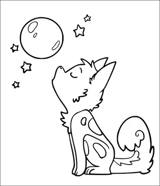 カートゥーン風の犬が月を見上げて座っており、星々に囲まれています。犬は大きな耳と巻き尾を持ち、体にはパッチがあります。月にはクレーターが描かれており、犬の左側に配置されています。4つの星が夜空の月の周りに散らばっています。