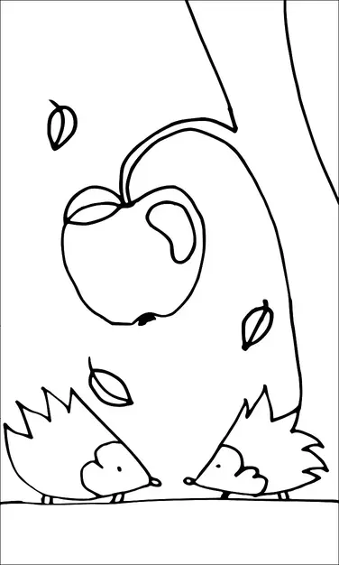 大きなリンゴが吊るされている下で、2匹のハリネズミが向かい合って立っています。周りには葉が落ちており、秋の設定を示唆しています。画像の右側には木の幹が見えます。