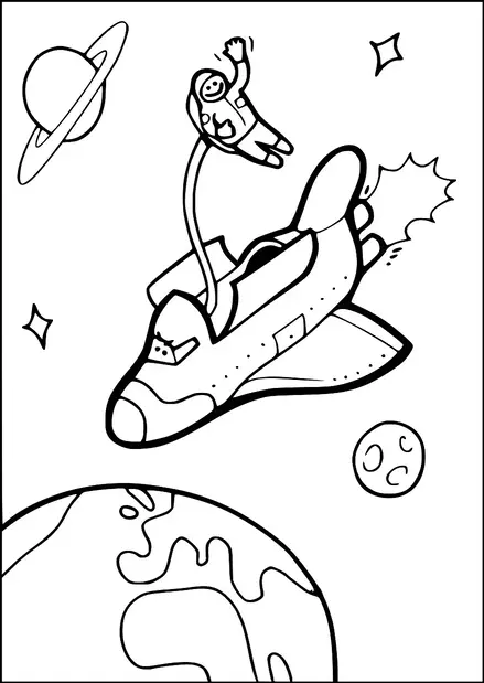 宇宙飛行士が宇宙空間を漂っており、スペースシャトルにつながれています。シャトルは、環を持つ惑星と地球の近くを移動しています。背景には星と小さな月が見えます。宇宙飛行士は手を振っているように見えます。