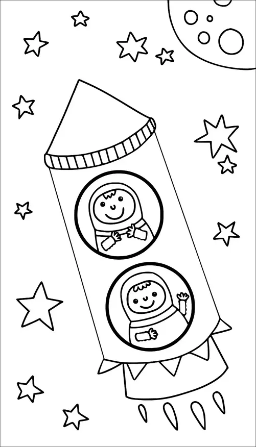 ロケットが宇宙を飛び、窓越しに2人の笑顔の宇宙飛行士が見えます。背景には星と三日月が描かれています。一人の宇宙飛行士はピースサインを上げ、もう一人は手を振っています。場面は明るく楽しげで、宇宙での冒険を描いています。