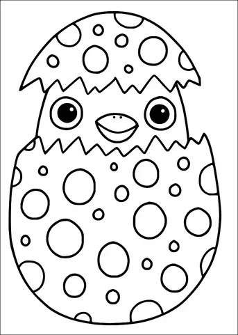 漫画のひよこが割れた卵の殻から顔を覗かせ、大きく笑っています。卵の殻は、そのパターンの一部として大きな円と小さな円で覆われています。ひよこは大きな丸い目と小さなくちばしを持っています。卵の殻の上半分は、ひよこの頭に帽子のように乗っています。