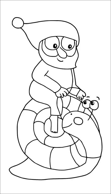 帽子をかぶったキャラクターが大きなカタツムリに座って、その触角をつかんでいます。カタツムリは広い目で楽しそうな表情をしています。キャラクターとカタツムリの両方とも、遊び心があり、友好的な様子が伺えます。その場面は楽しく、想像力豊かです。