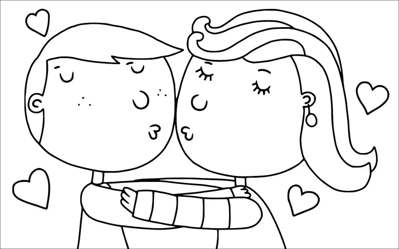 男の子と女の子が目を閉じて唇を突き出し、抱きしめ合っている様子が描かれています。周囲にはハートのシンボルが散りばめられています。男の子はそばかすがあり、髪は短いです。一方、女の子は長い髪にイヤリングがあります。両者とも肩から上が描かれており、カートゥーン風に描かれています。このイメージは愛と親愛のテーマを示唆しています。
