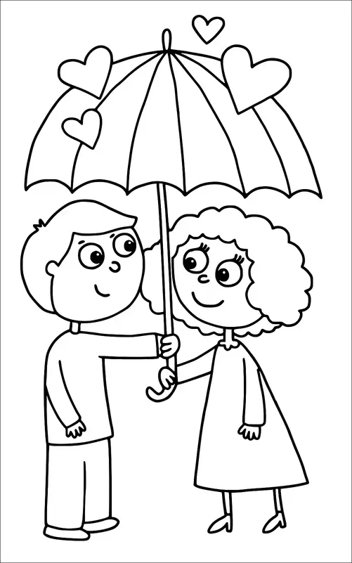 若い男の子と女の子が傘の下で密着して立っています。彼らはお互いに微笑んでおり、愛情の瞬間を示しています。彼らの上には心が浮かんでおり、愛を象徴しています。このシーンは、優しくロマンチックな交流を反映しています。