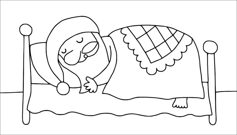 ベッドで寝ている人が、ブランケットに包まれ、ナイトキャップをかぶっています。ベッドは丸い柱があるシンプルなフレームです。その人は平和そうに見え、横向きに寝ています。ブランケットは装飾的なエッジとチェック柄があります。