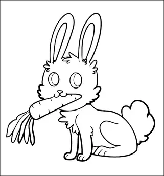 ウサギが口に大きなニンジンをくわえて座っています。ウサギは大きな耳とふわふわの毛、そしてもじゃもじゃの尾を持っています。その表情は遊び心があり、漫画のようです。ニンジンの上部には葉っぱがついています。
