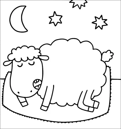 夜空の下、草の丘で平和に眠る羊の塗り絵です。空には三日月と三つの星が描かれています。羊はふわふわの毛皮をまとい、満足そうな表情を浮かべています。風景はシンプルで、静かな夜景を強調しています。