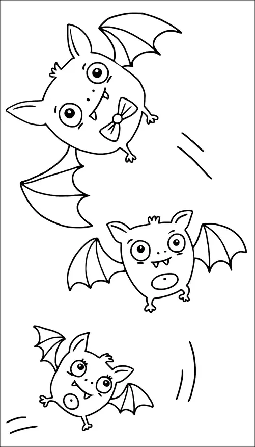 表情豊かな目と小さな翼を持つ3匹の漫画風のコウモリが飛んでいます。一匹のコウモリは蝶ネクタイをつけており、遊び心を加えています。それぞれのコウモリはユニークな表情を持ち、個々の個性を持っています。コウモリたちは動いているように見え、彼らの飛行経路を示す曲線が描かれています。