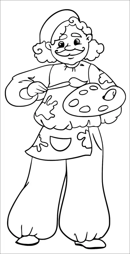 楽しそうな画家がパレットと絵筆を持っています。彼の髪はカールしており、口ひげがあります。画家は伝統的なベレー帽と、絵の具が飛び散ったエプロンを着ています。その服装にはゆったりとしたシャツとズボンが含まれています。画家は笑顔で、創造性と喜びを放っています。