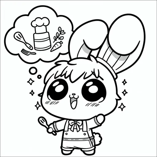 シェフの帽子とエプロンを着た陽気なウサギがスプーンを持ち、料理に興奮している様子です。ウサギの思考バブルには、ニンジン、調理器具、シェフの帽子などの料理関連のアイテムが表示されています。ウサギの大きな目と広い笑顔は、熱意と喜びを伝えています。ウサギの周りのキラキラとした輝きがその幸せを強調しています。