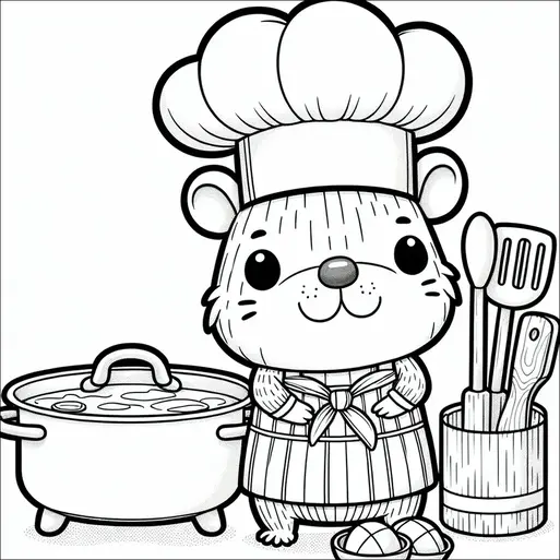 シェフの帽子をかぶった可愛い動物が、スープやシチューが入った鍋の隣に立っています。その動物はエプロンも着ており、キッチン用具が入った容器の隣に立っています。キッチンの設定にいるようで、料理の準備ができています。動物の表情は幸せそうで、歓迎しているようです。