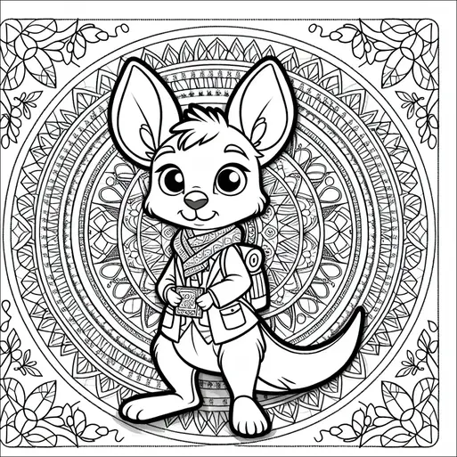 漫画調のカンガルーが小さな本を持ち、スカーフとバックパックを身につけて描かれています。それは複雑なマンダラ模様の前に立っています。縁取りはスタイライズされた葉で飾られています。カンガルーは冒険的で友好的な外観を持っています。