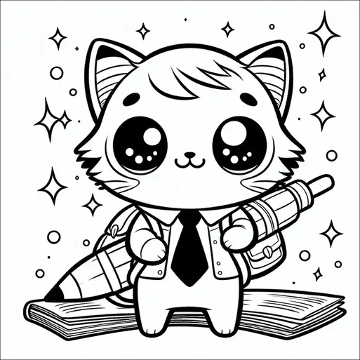 ネクタイをつけた可愛らしい猫のキャラクターが、巨大な鉛筆の前で自信満々に立っています。その足元にはノートが見えます。猫は大きく表情豊かな目と軽い髪の房を持ち、愛らしくてプロフェッショナルな雰囲気を醸し出しています。猫の周りにはキラキラと輝く星と小さな円が描かれており、画像に遊び心を加えています。キャラクターはバックパックを持っており、学校や学習に関連したテーマを示唆しています。