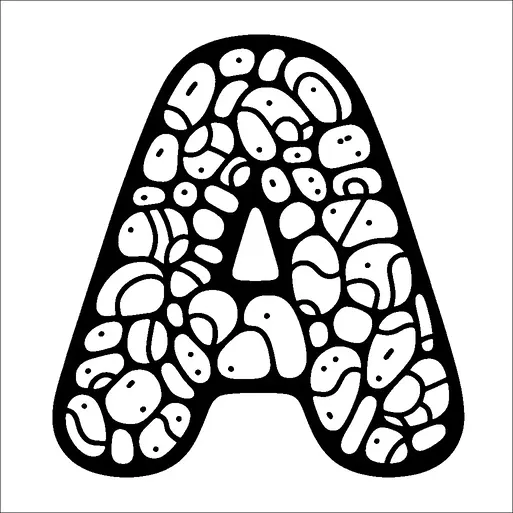多くの小さな抽象的な小石の形で構成された大きな文字「A」が描かれています。それぞれの小石にはユニークなパターンが特徴となっており、文字全体の質感に寄与しています。黒と白のデザインは、小石と背景との間のコントラストを強調しています。この画像は、伝統的な文字形式に対する遊び心と想像力に富んだひねりを加えています。