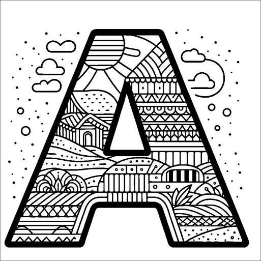 大きな文字「A」は、太陽、雲、家、抽象的な幾何学的デザインを含む複雑なパターンと小さなイラストで満たされています。この文字は、小さな円と雲で点在するシンプルな背景に対して際立っています。さまざまな線と形が文字内部に精巧なモザイクを作り出しています。この画像は詳細に富んでおり、自然と建築のモチーフが混ざり合っています。