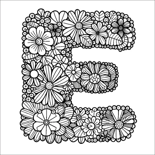 複雑な花や葉で創造的に形成された大きな文字「E」です。花のデザインは密集しており、さまざまな花びらの形とサイズを見せています。花々は相互につながっており、文字内部に統一感のある装飾的なパターンを作り出しています。この植物の配置は、文字に華やかで生き生きとした外観を与えています。